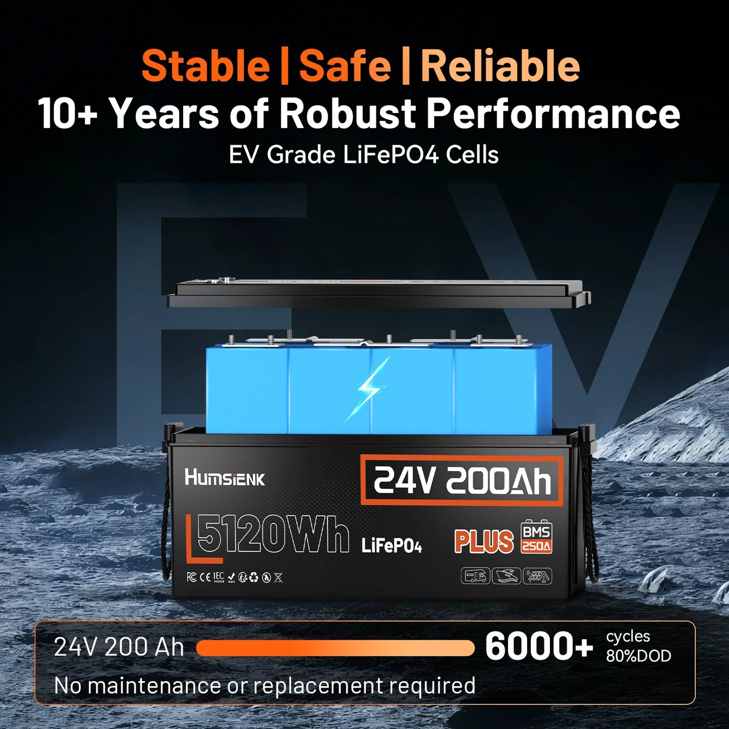 Humsienk 12V 100AH 200AH 24V 200Ah LiFePO4 Battery, Built-in BMS, 15000+ Deep Cycle, Low-Temp Protection, Rechargeable Lithium Battery for RV, Van, Golf Cart, Boat, Camper, Marine, Trolling Motor, Off-Grid, Solar Energy Stora