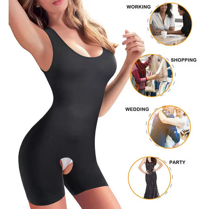 Plus Size Sleeveless Camisole Shapewear Bodysuit, Tummy Control Butt Lifting Breast Support Open Crotch Seamless Sculpting Body Shaper For Women