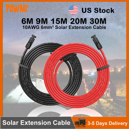 US Stock 10AWG 6mm² Solar Extension Cable 9M 15M 20M 30M Red+Black Both End with Universal Solar Connector Plug IP67 Fit for Solar RV Boat Home