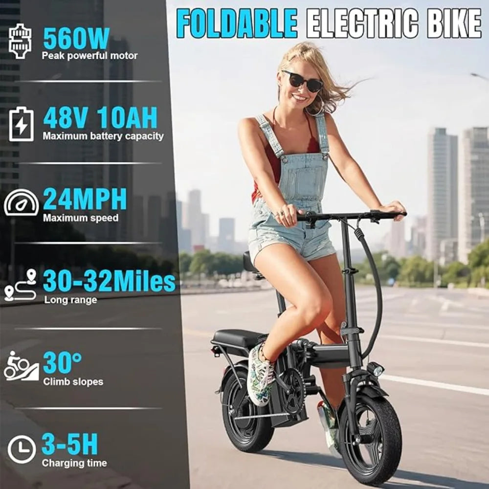 520W Electric Bike 20-24MPH 32Mi 48V 10Ah 3-Level Pedal Assist 14in Foldable Mini E-Bike UL2849, Custom