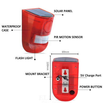 New Solar Infrared Motion Sensor Alarm With 110db Siren Strobe Light For Home Garden Carage Shed Carvan Security Alarm System