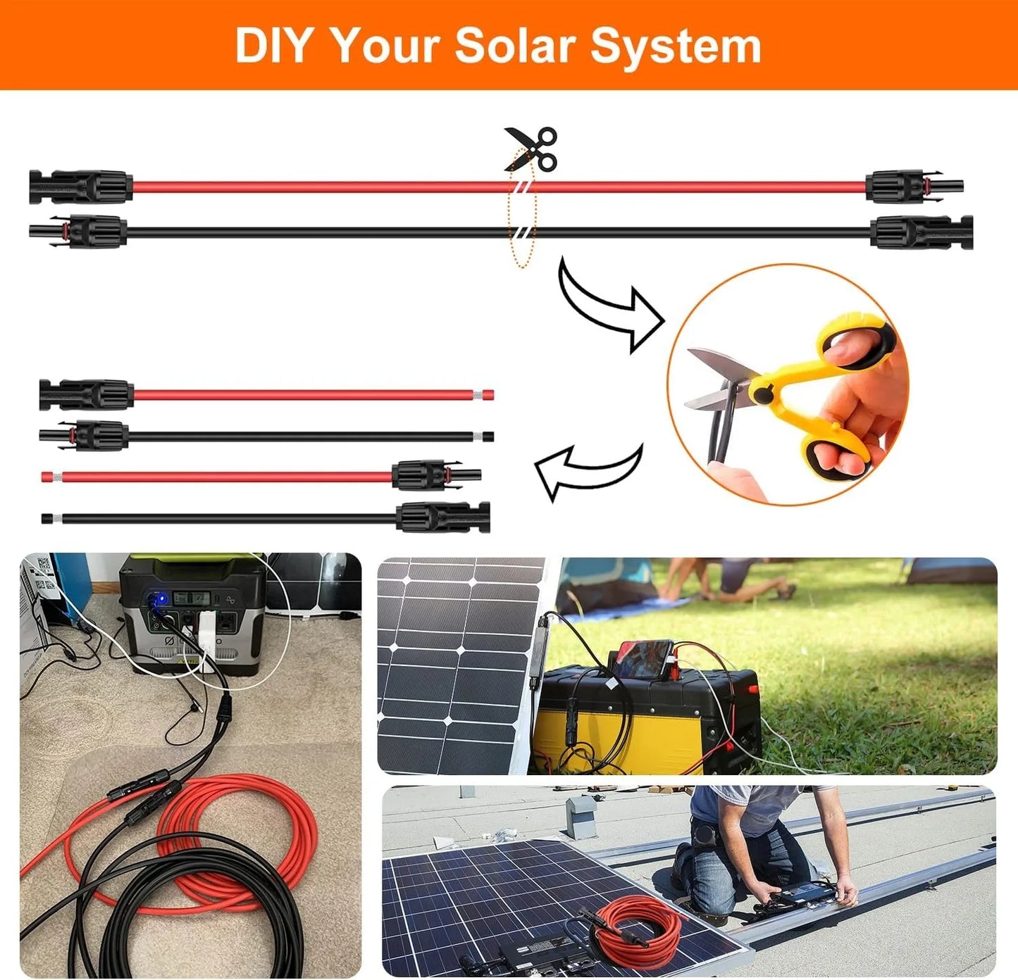 US Stock 10AWG 6mm² Solar Extension Cable 9M 15M 20M 30M Red+Black Both End with Universal Solar Connector Plug IP67 Fit for Solar RV Boat Home
