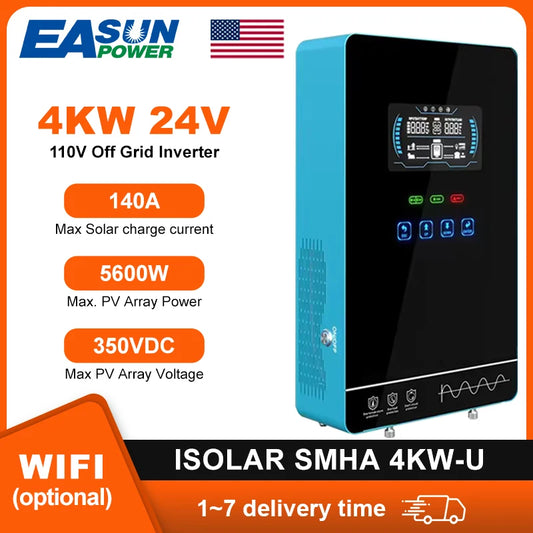 EASUN POWER 4000W Off Grid Hybrid Inverter 24V 5600W MPPT Solar Charger Pure Sine Wave Inverter 6.25 Inch LCD 110V Inversores