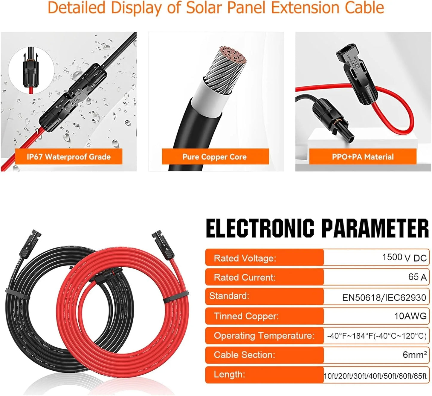 US Stock 10AWG 6mm² Solar Extension Cable 9M 15M 20M 30M Red+Black Both End with Universal Solar Connector Plug IP67 Fit for Solar RV Boat Home