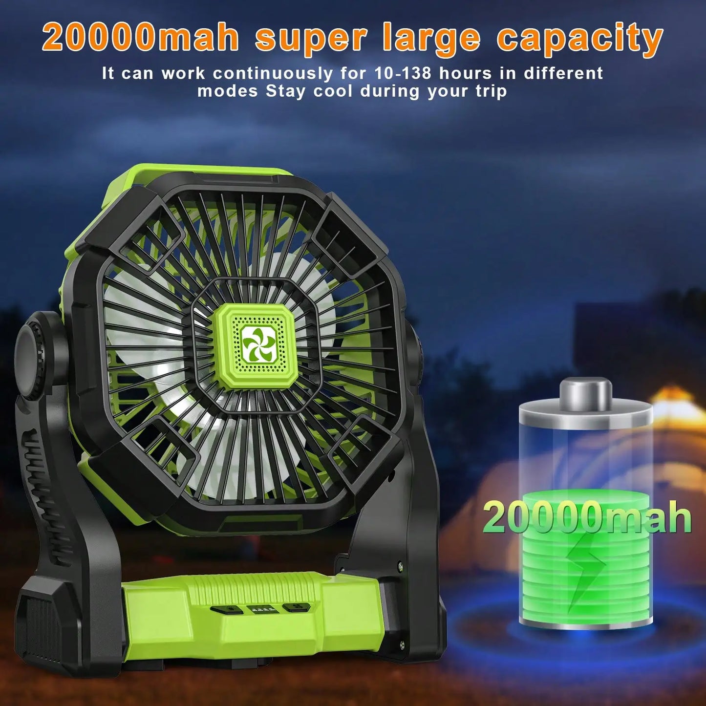 Portable Camping Fan With LED Light - 20000mAh Rechargeable Battery, Adjustable 270°/360° Design For Tents