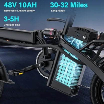 520W Electric Bike 20-24MPH 32Mi 48V 10Ah 3-Level Pedal Assist 14in Foldable Mini E-Bike UL2849, Custom
