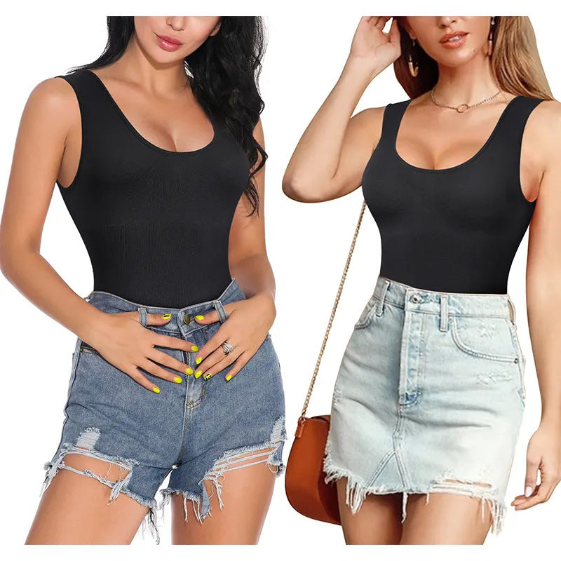 Plus Size Sleeveless Camisole Shapewear Bodysuit, Tummy Control Butt Lifting Breast Support Open Crotch Seamless Sculpting Body Shaper For Women